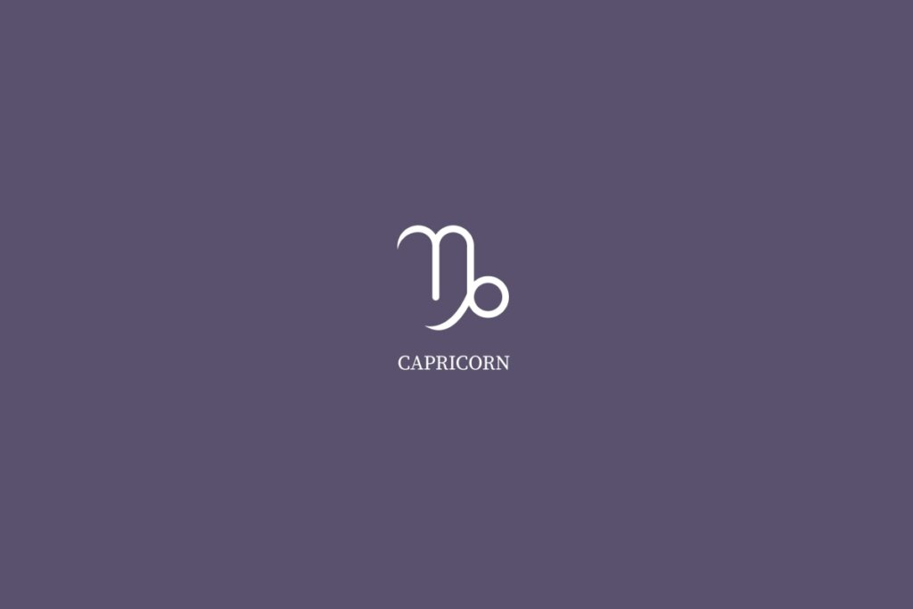 Ilustração do signo de capricórnio, na cor branca e com o nome embaixo, centralizado em um fundo roxo