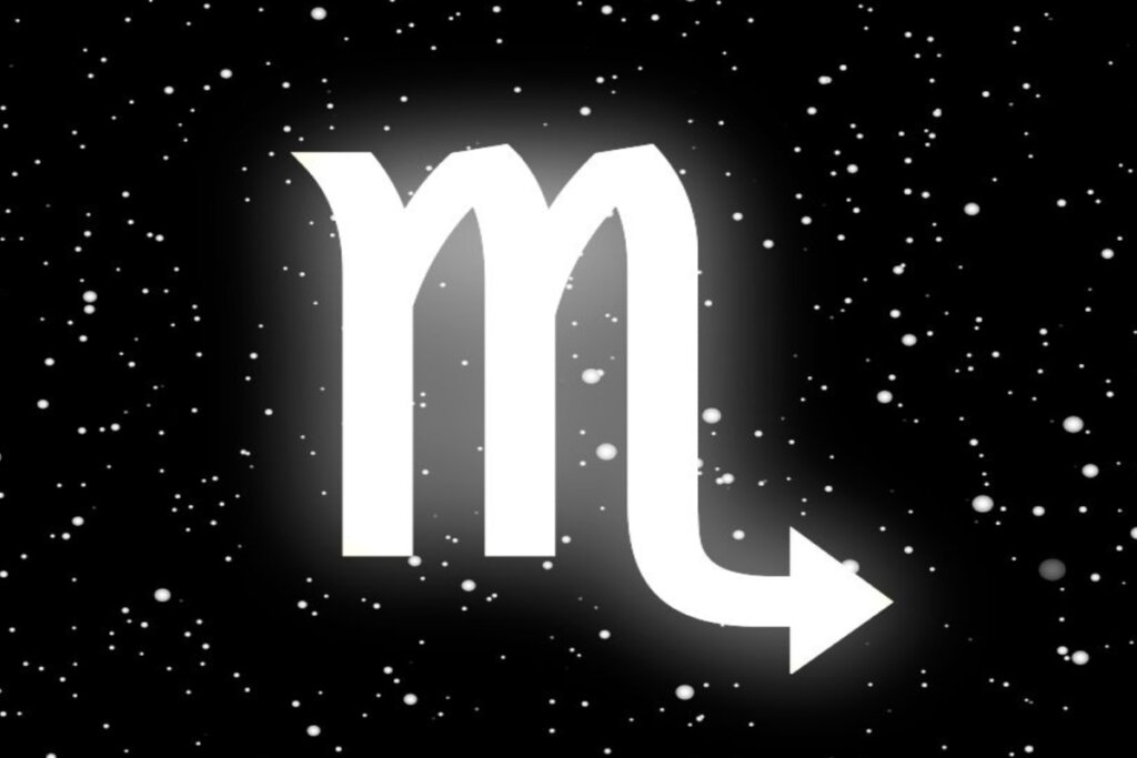 Ilustração branca do símbolo do signo de escorpião sobre fundo preto com estrelas brancas