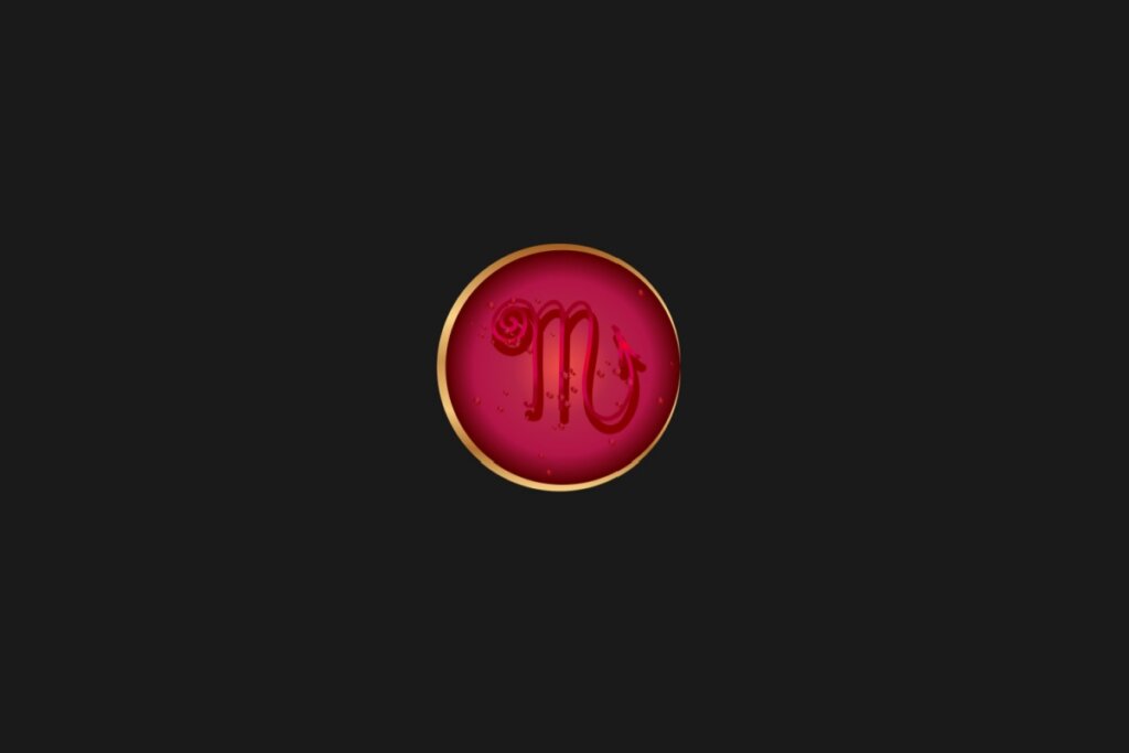 Ilustração do signo de Escorpião, em um círculo vermelho com borda dourada, sobre um fundo preto