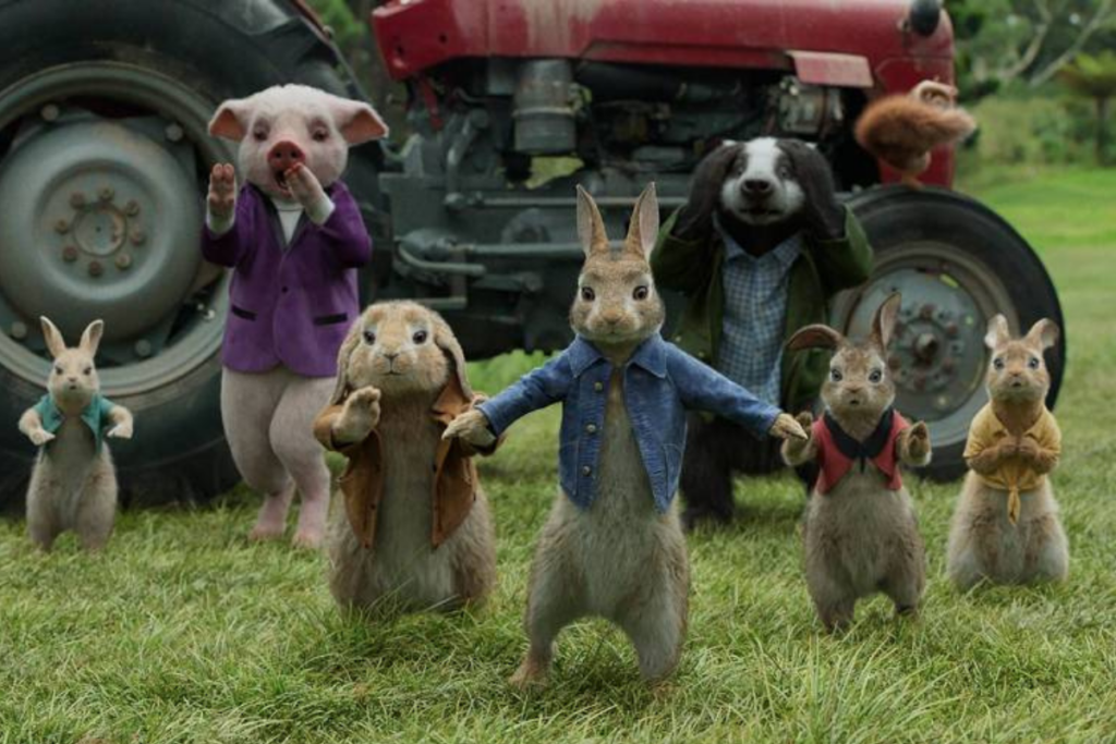 Pedro coelho e os animais em um jardim em cena do filme 'Pedro Coelho'