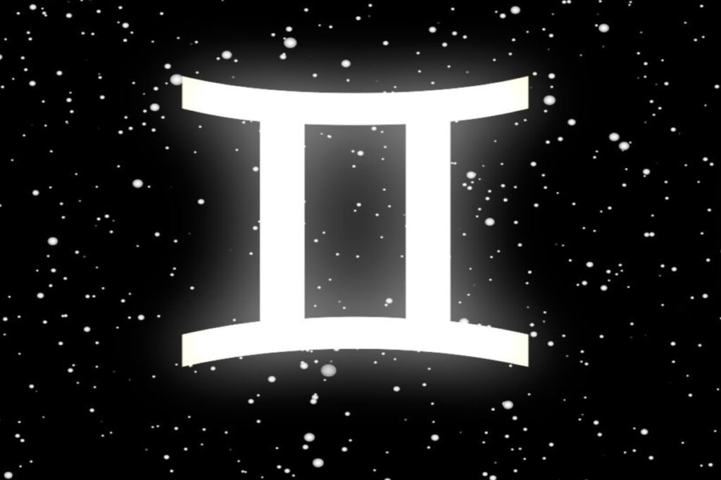 Ilustração branca do símbolo do signo de gêmeos sobre fundo preto com estrelas brancas