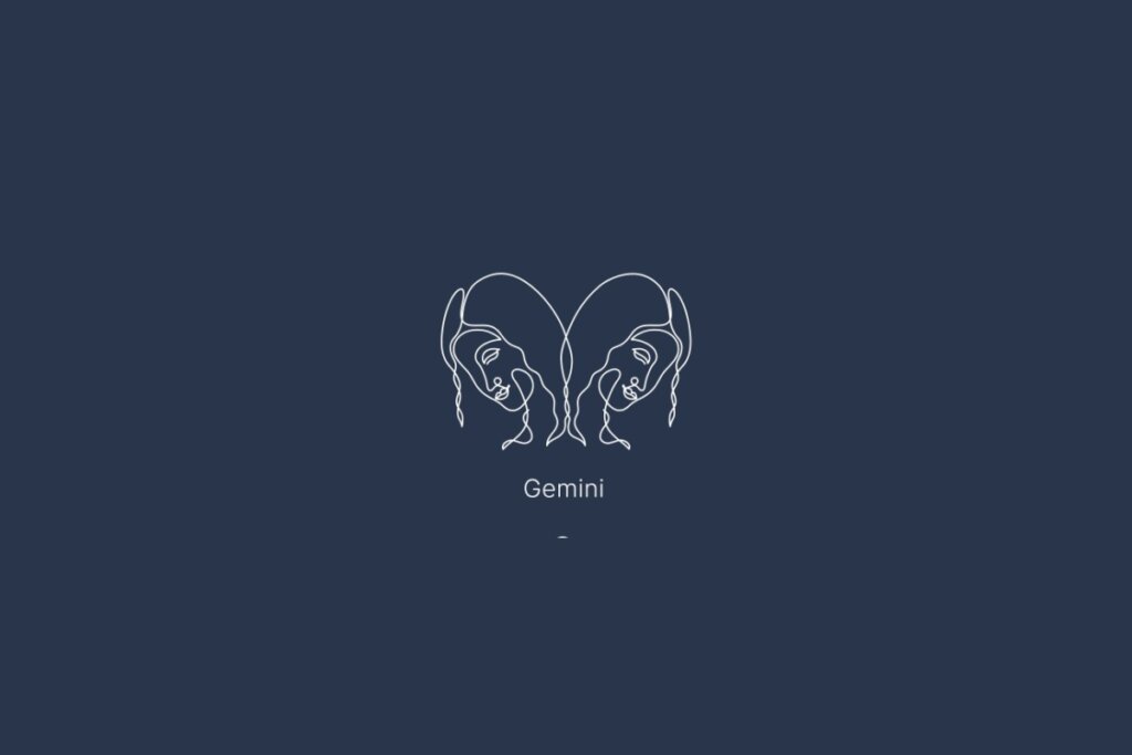 Ilustração do signo de gêmeos, com o nome do signo abaixo, em um fundo azul-escuro