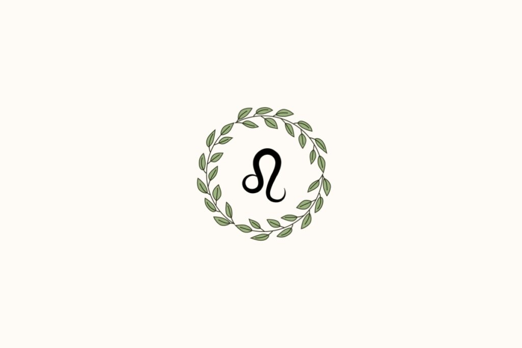 Ilustração de uma coroa de plantas ao redor do signo de leão, sobre fundo rosa-claro