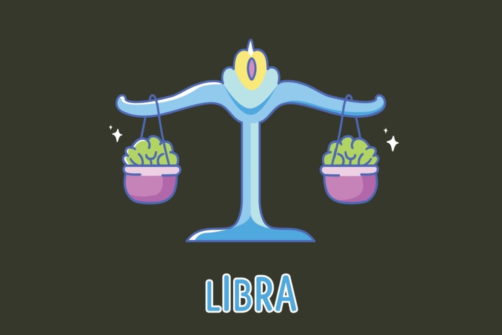 Ilustração do signo de Libra representando uma balança de pratos na cor azul claro. Em cada prato roxo da balança, há uma figura verde que remete a um cérebro, mantendo o equilíbrio perfeito entre os dois lados. Pequenas estrelas brancas decoram as laterais do objeto. Abaixo, a palavra "LIBRA" escrita em azul com bordas brancas.