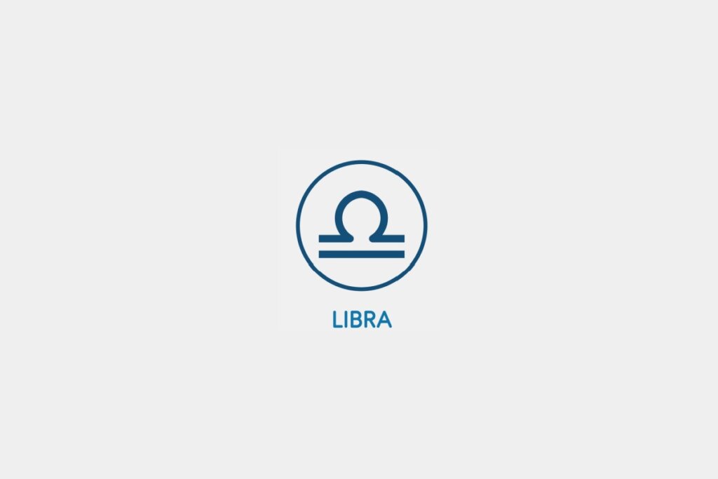 Círculo azul com o símbolo do signo de Libra ao centro e o nome do signo abaixo, sobre um fundo cinza-claro