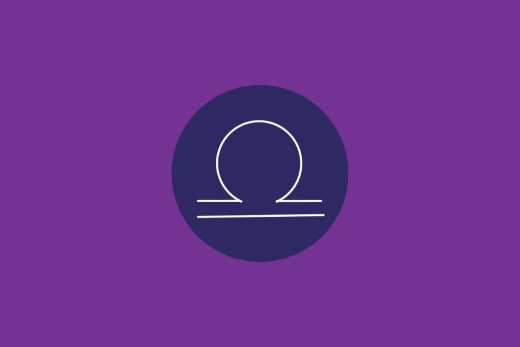 Ilustração do signo de libra, em um círculo azul-escuro, sobre um fundo roxo