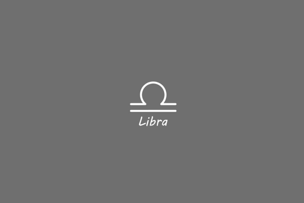 Símbolo do signo de libra, na cor branca, centralizado em um fundo cinza e com o nome embaixo