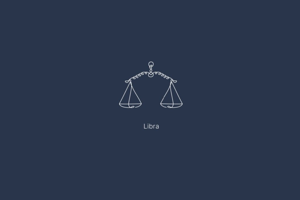 Ilustração do signo de libra, com o nome do signo abaixo, em um fundo azul-escuro
