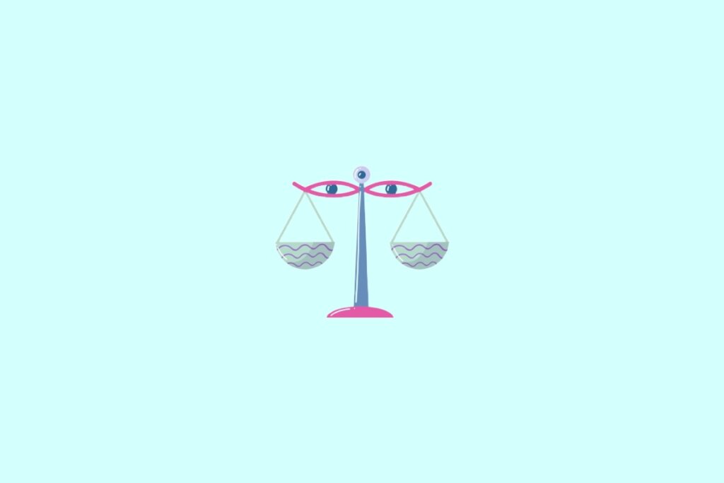 Ilustração de uma balança azul e rosa, representando o signo de libra, em um fundo verde-claro