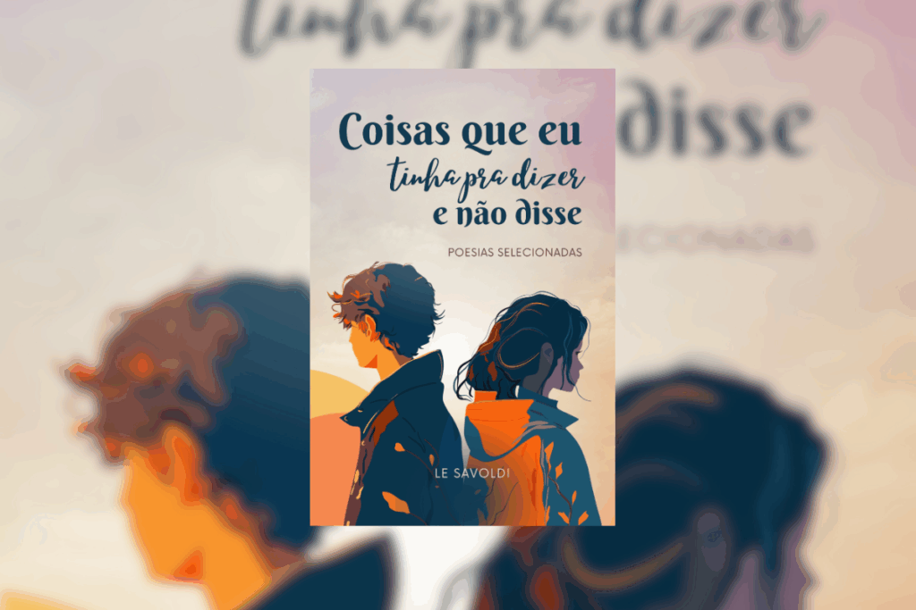 Capa de livro com título e nome da autora e ilustração de um casal um de costas para o outro em tons de azul e laranja