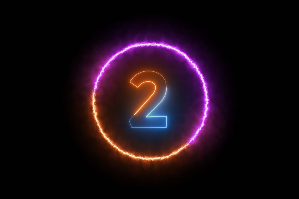 Ilustração do número dois em neon colorido dentro de círculo neon colorido em fundo preto