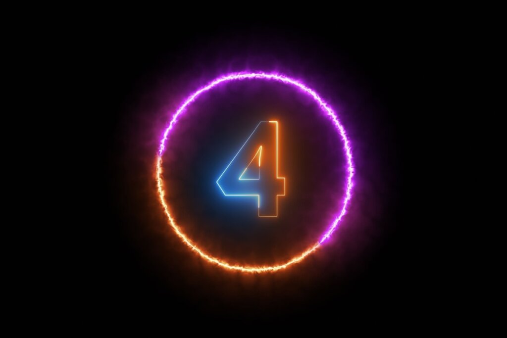 Ilustração do número quatro em neon colorido dentro de círculo neon colorido em fundo preto