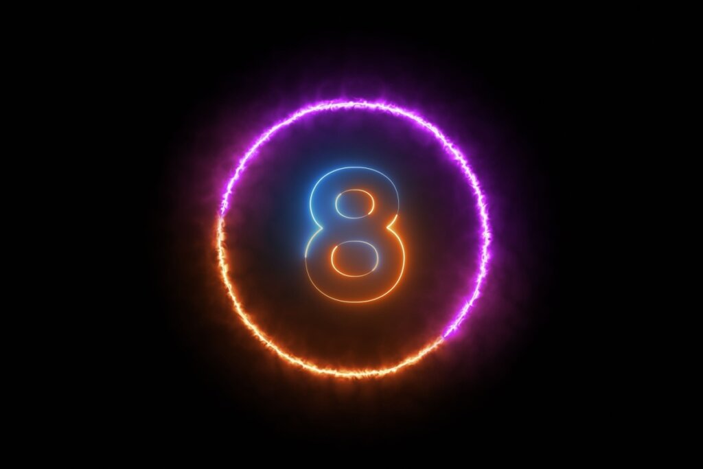 Ilustração do número oito em neon colorido dentro de círculo neon colorido em fundo preto