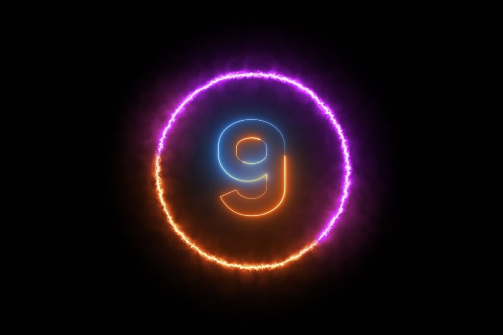 Ilustração do número nove em neon colorido dentro de círculo neon colorido em fundo preto