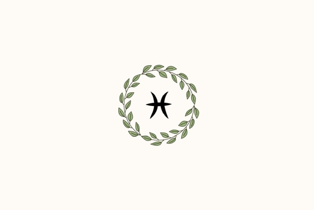 Ilustração de uma coroa de plantas ao redor do signo de Peixes, sobre fundo rosa-claro