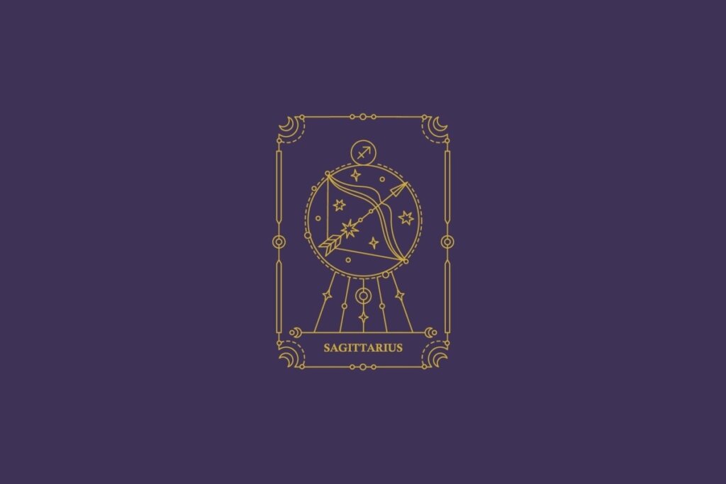 Ilustração do signo de sagitário em dourado com detalhes na mesma cor ao redor. Fundo roxo-escuro