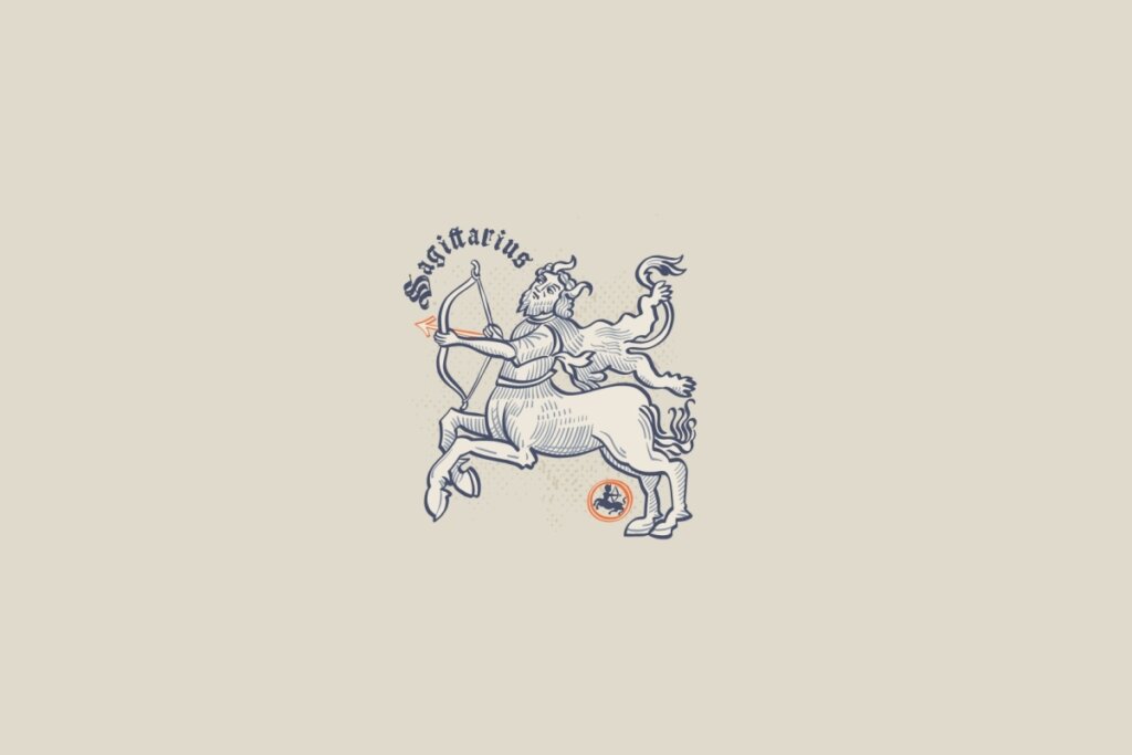 Ilustração de um centauro, símbolo do signo de sagitário, em um fundo cinza