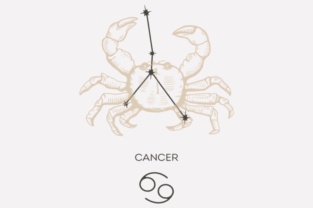 Ilustração e constelação do signo de Câncer em um fundo cinza