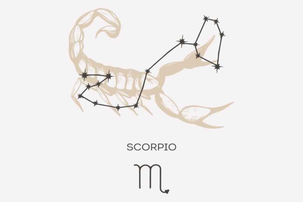 Ilustração e constelação do signo de Escorpião em um fundo cinza