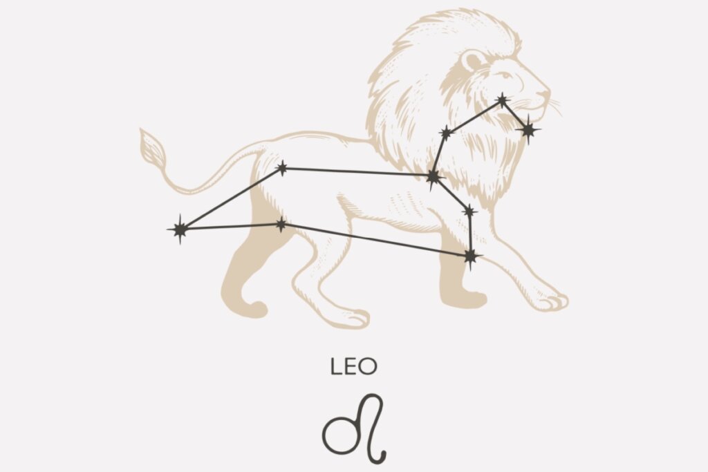 Ilustração e constelação do signo de Leão em um fundo cinza