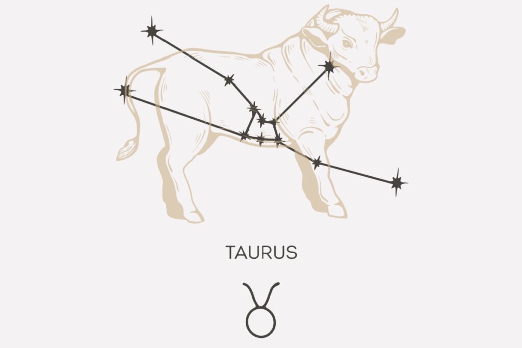 Ilustração e constelação do signo de Touro em um fundo cinza