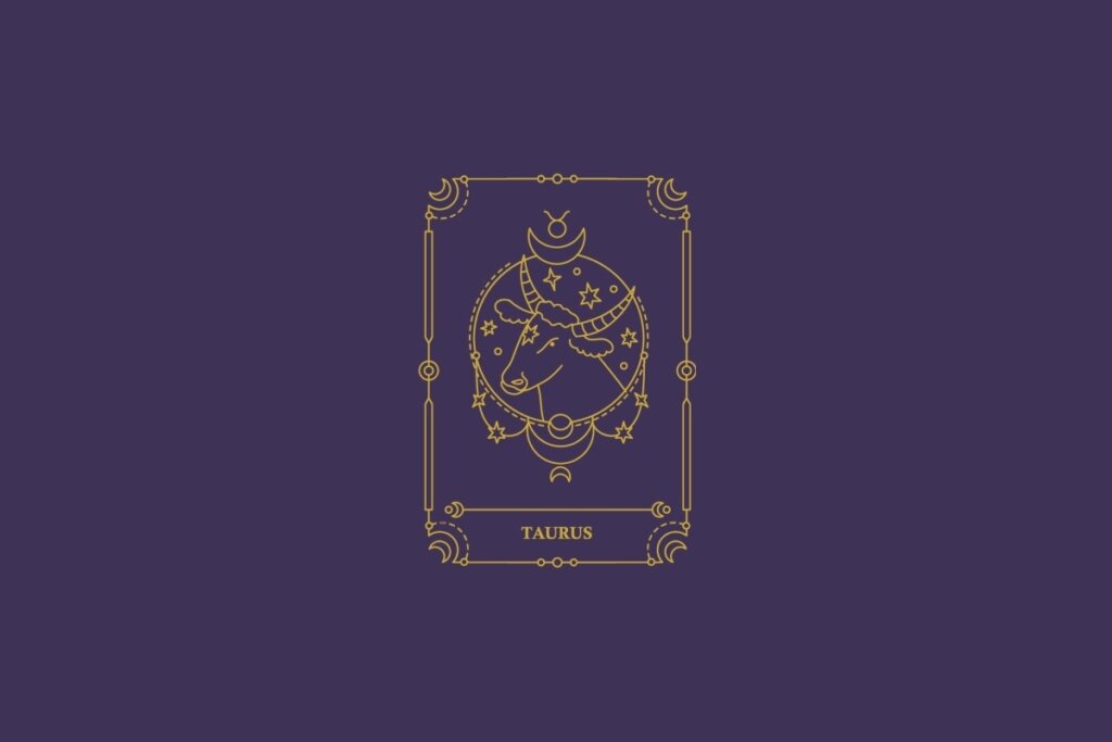 Ilustração do signo de touro em dourado com detalhes na mesma cor ao redor. Fundo roxo-escuro