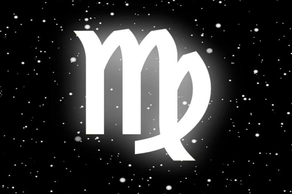 Ilustração branca do símbolo do signo de virgem sobre fundo preto com estrelas brancas