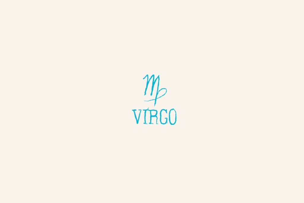 Símbolo do signo de virgem, na cor azul, centralizado em um fundo bege-claro e com o nome abaixo