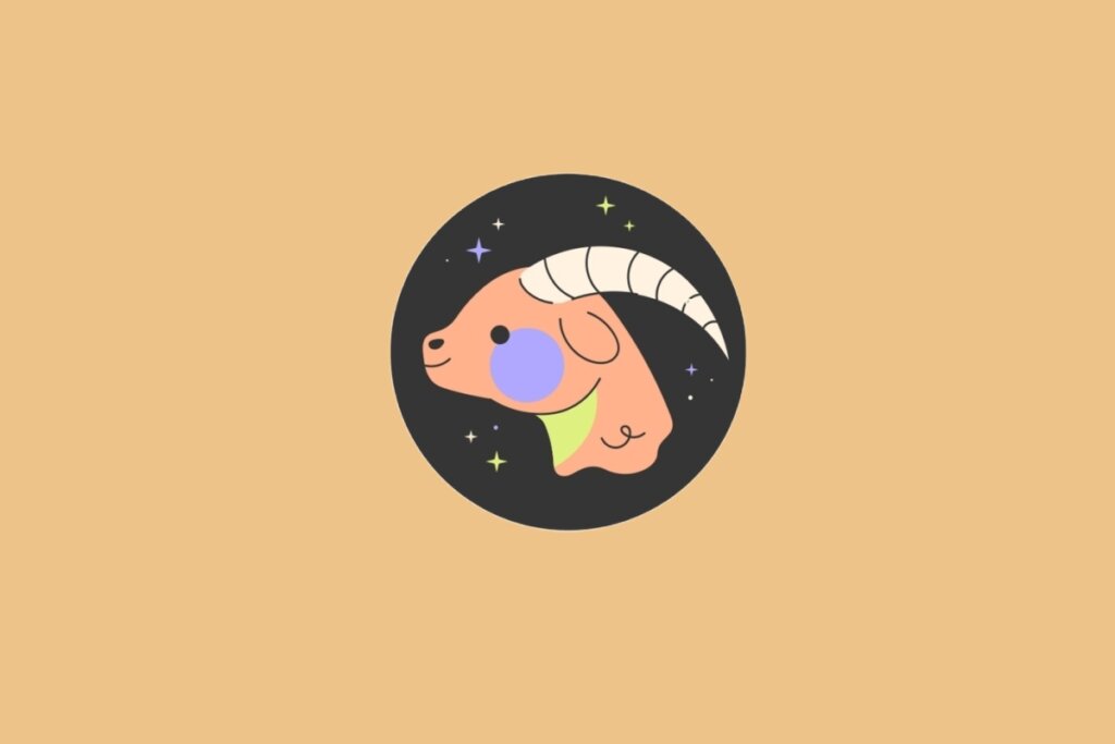Ilustração do signo de Capricórnio, em fundo alaranjado, com uma cabra de rosto sereno e chifre