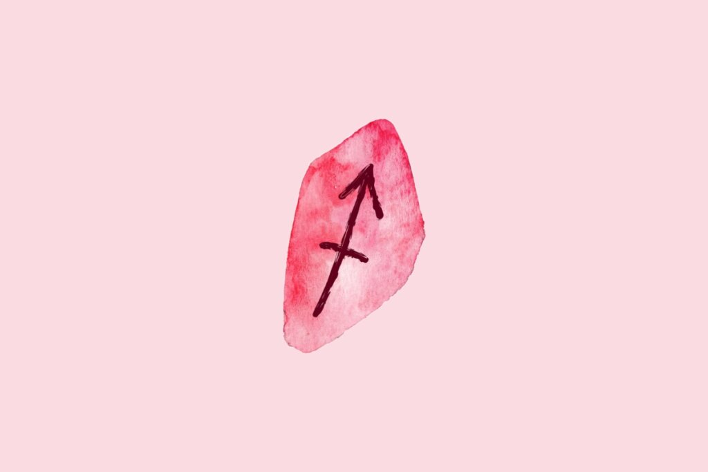 Ilustração do signo de Sagitário contendo o símbolo de uma flecha diagonal apontando para cima à direita cortada por um traço horizontal em aquarela rosa sobre fundo rosa-claro