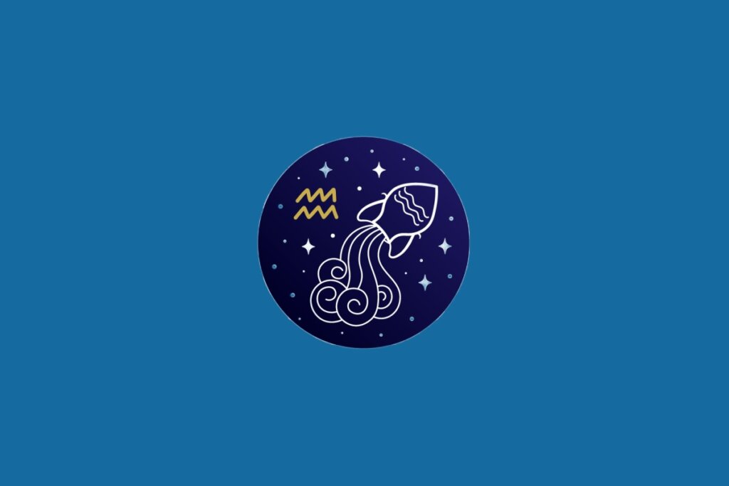 Ilustração do signo de Aquário, em fundo azul, contendo um círculo com uma figura vertendo água de um recipiente em linhas brancas e o símbolo do signo em dourado