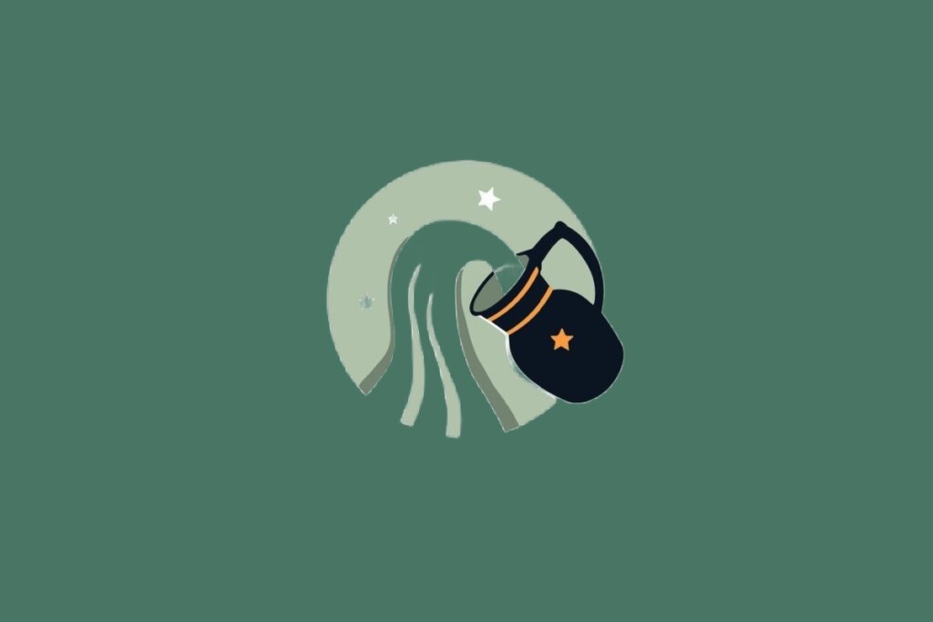Ilustração do signo de Aquário, em fundo verde, contendo um jarro negro com detalhes em laranja despejando água em ondas