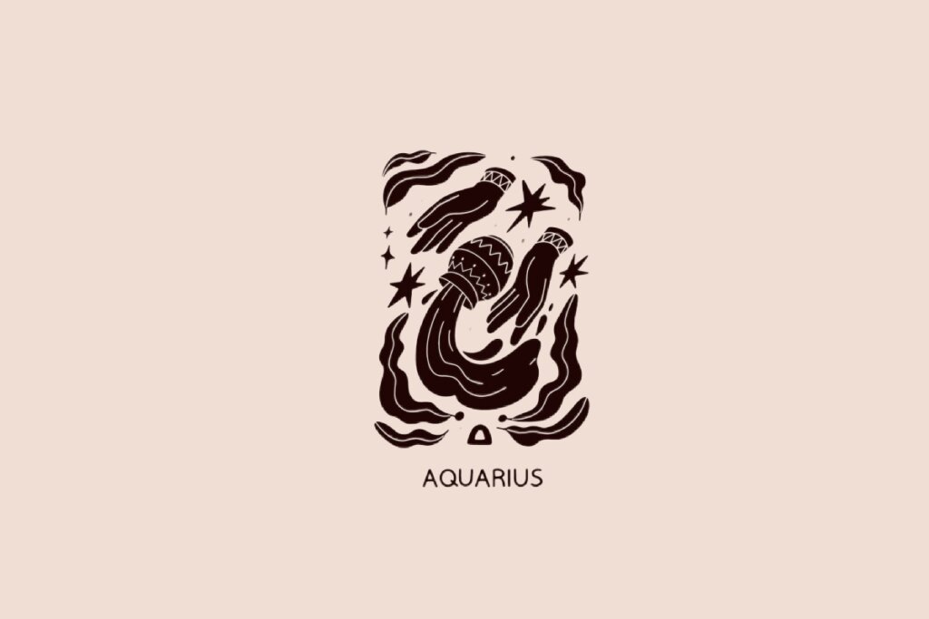 Ilustração do signo de Aquário contendo um jarro vertendo água cercado por estrelas em fundo bege