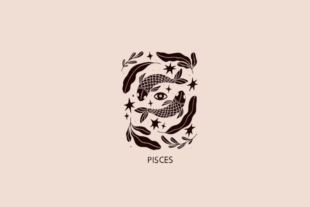 Ilustração do signo de Peixes contendo dois peixes opostos cercados por folhas e estrelas em fundo bege