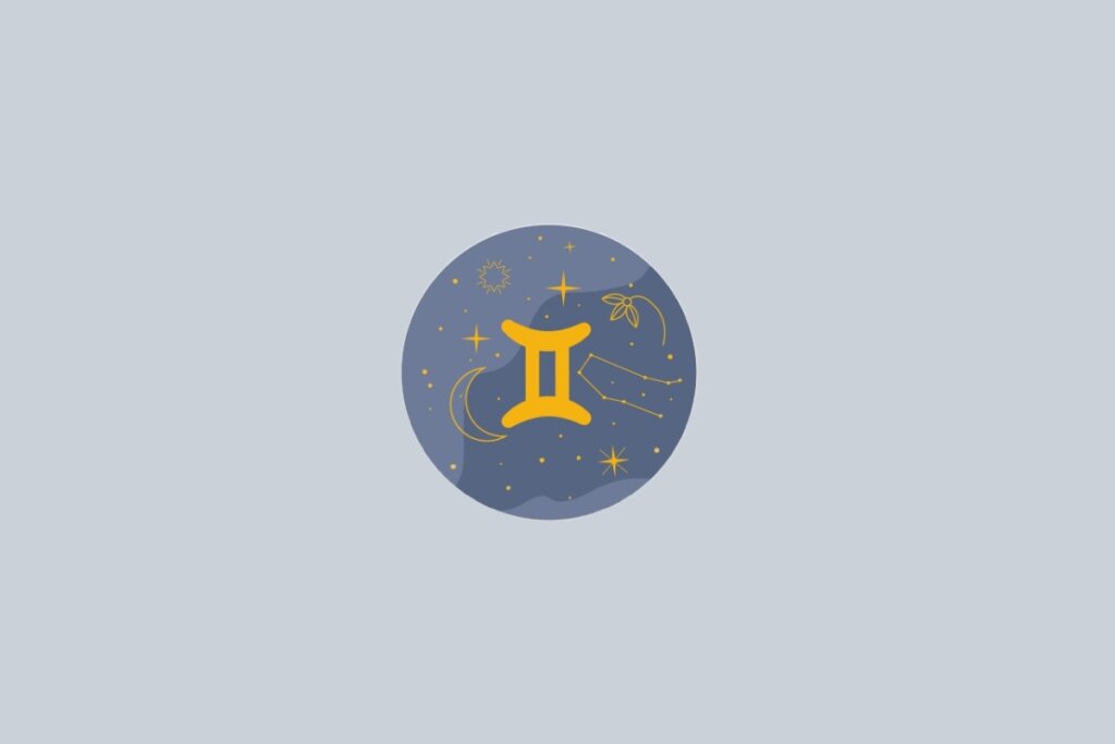 Ilustração do signo de Gêmeos, contendo o símbolo dourado em forma de dois pilares unidos, em fundo cinza-claro