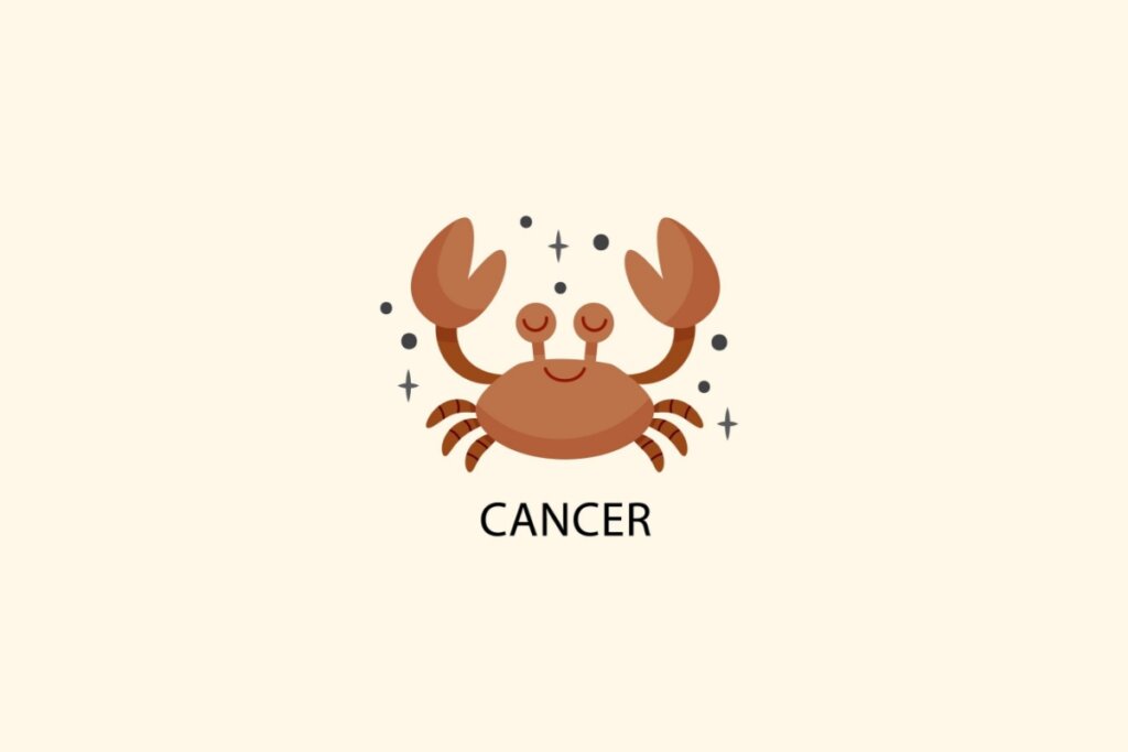 Ilustração do signo de Câncer, em fundo bege-claro, contendo um caranguejo marrom com pinças levantadas