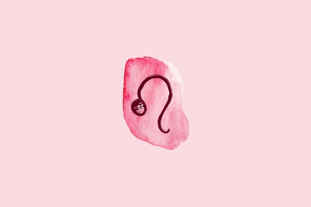 Ilustração do signo de Leão contendo o símbolo de um círculo com uma cauda curva semelhante à juba de um leão em aquarela rosa sobre fundo rosa-claro
