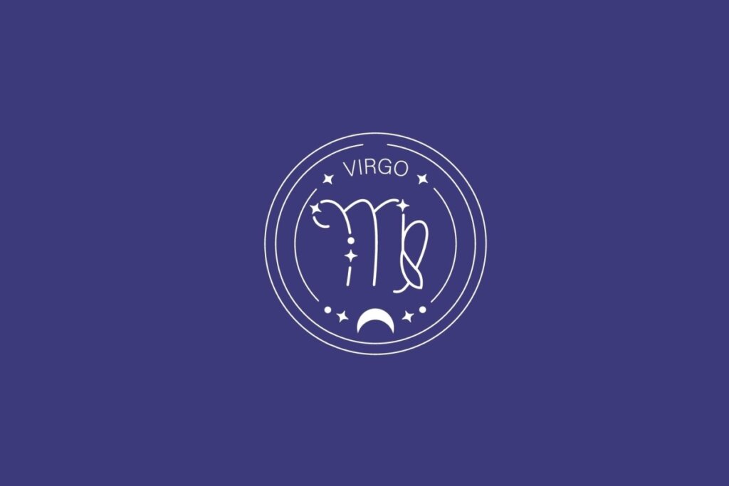 Ilustração do signo de Virgem, com símbolo representado por uma letra “m” estilizada com uma linha curva final, em fundo escuro