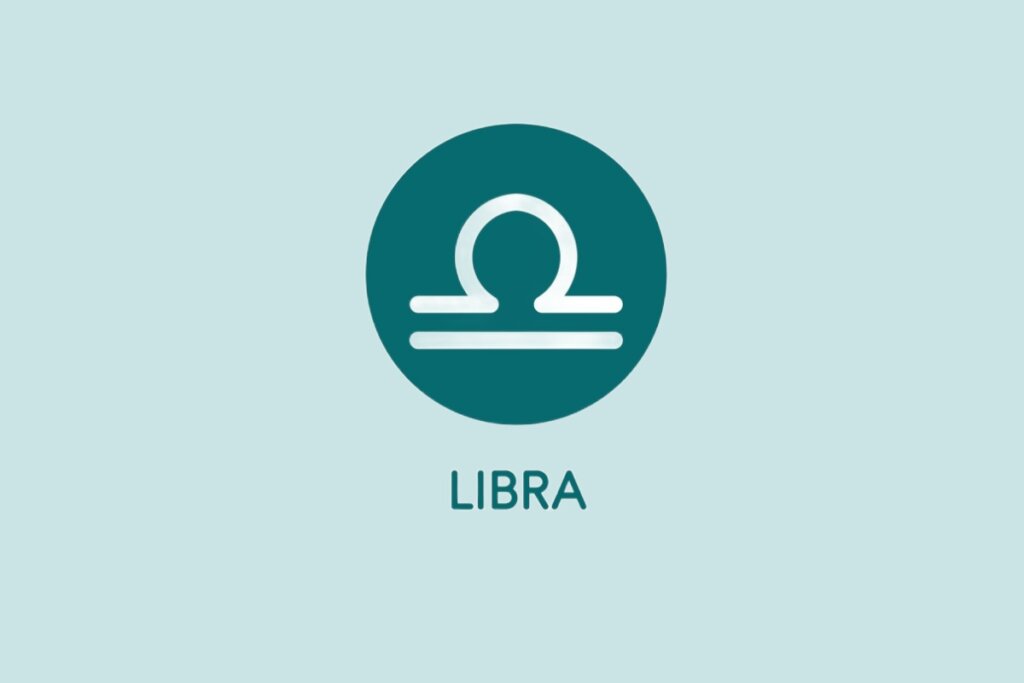 Ilustração do signo de Libra, contendo o símbolo com curva superior e linhas horizontais em um círculo sobre fundo verde-claro