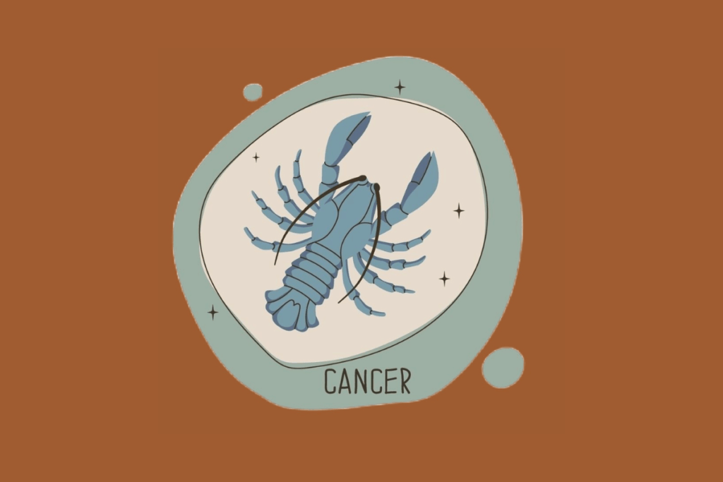 Ilustração de uma lagosta ou caranguejo estilizado em tons de azul, vista de cima. O crustáceo está dentro de uma forma oval verde-água com pequenas estrelas, sobre um fundo marrom escuro