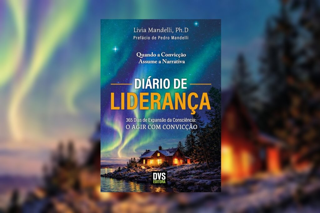 Capa com uma fotografia de uma cabana iluminada sob um céu estrelado com aurora boreal. O título "Diário de Liderança" aparece ao centro com destaque para a cor dourada.