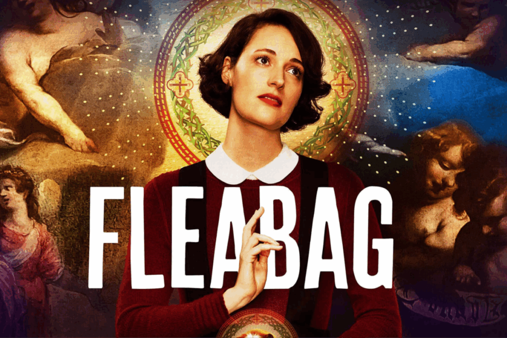 Mulher com expressão pensativa diante de fundo artístico com elementos religiosos na série Fleabag