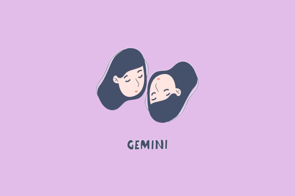 Ilustração representando duas faces femininas idênticas de perfil, com olhos fechados e cabelos escuros, simbolizando dualidade. O fundo é lilás e a legenda diz "GEMINI".