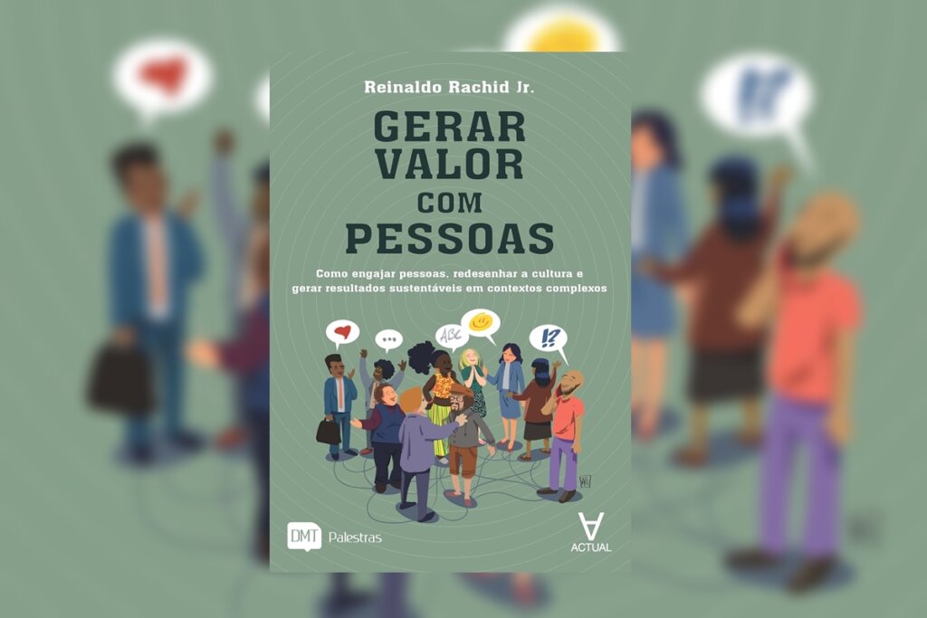 Capa verde-oliva com uma ilustração de diversos profissionais conversando em círculo. Balões de fala com ícones (coração, smile, letras) flutuam sobre as cabeças, representando comunicação e empatia.