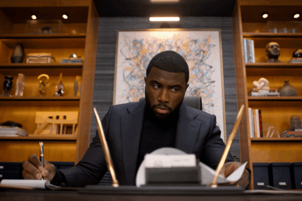 Cena da série "Nêmesis" com personagem de terno sentado a uma mesa em escritório sofisticado