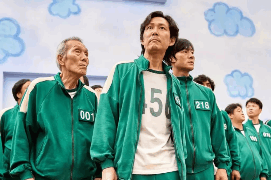 Grupo de participantes com uniformes verdes numerados em cenário da série Round 6