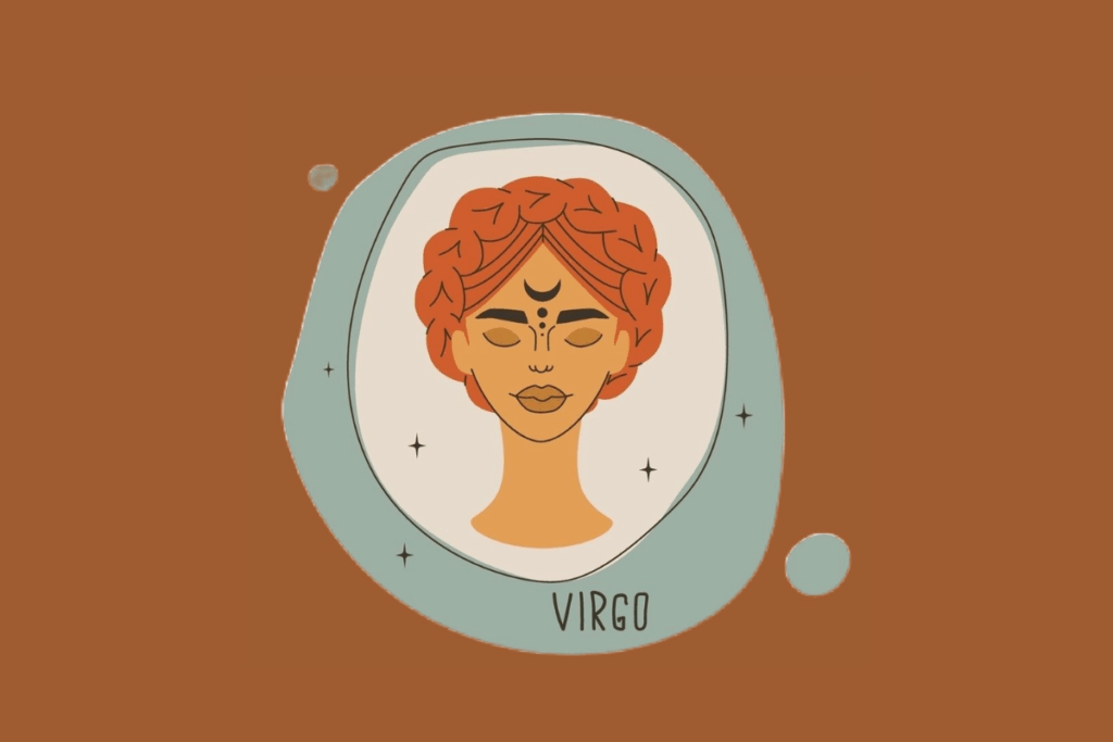 Ilustração artística do signo de Virgem representada pelo rosto de uma mulher com olhos fechados e expressão serena. Ela possui cabelos cor de terracota presos em tranças que formam uma coroa e uma marca de lua crescente na testa. A imagem está contida em uma moldura orgânica verde-água decorada com pequenas estrelas, sobre um fundo marrom