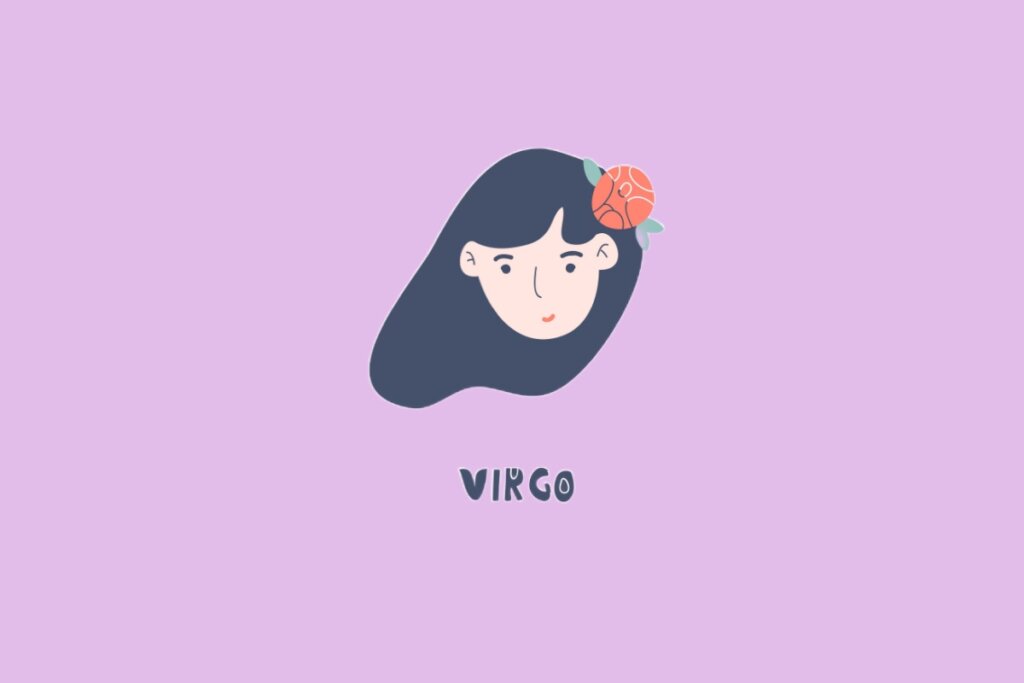 Ilustração do rosto de uma mulher com longos cabelos escuros e uma flor coral presa neles. O fundo é lilás e a legenda abaixo indica "VIRGO".