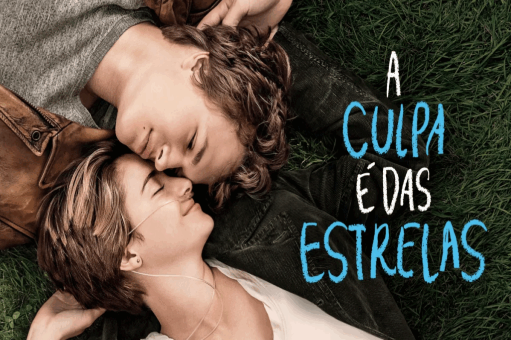 Pôster do filme "A Culpa é das Estrelas" com os protagonistas Hazel e Augustus deitados frente a frente na grama