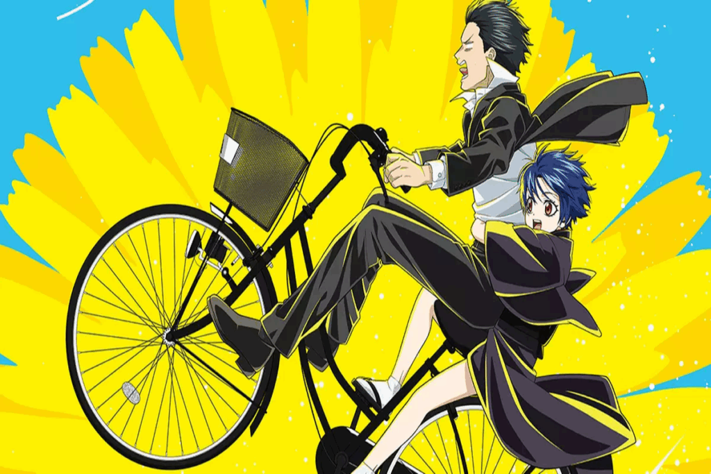 Ilustração de um homem com cabelo curto preto e uma mulher com o cabelo curto azul usando roupas sociais preta e branca andando em bicicleta empinada para cima com uma flor amarela atrás em fundo azul. 